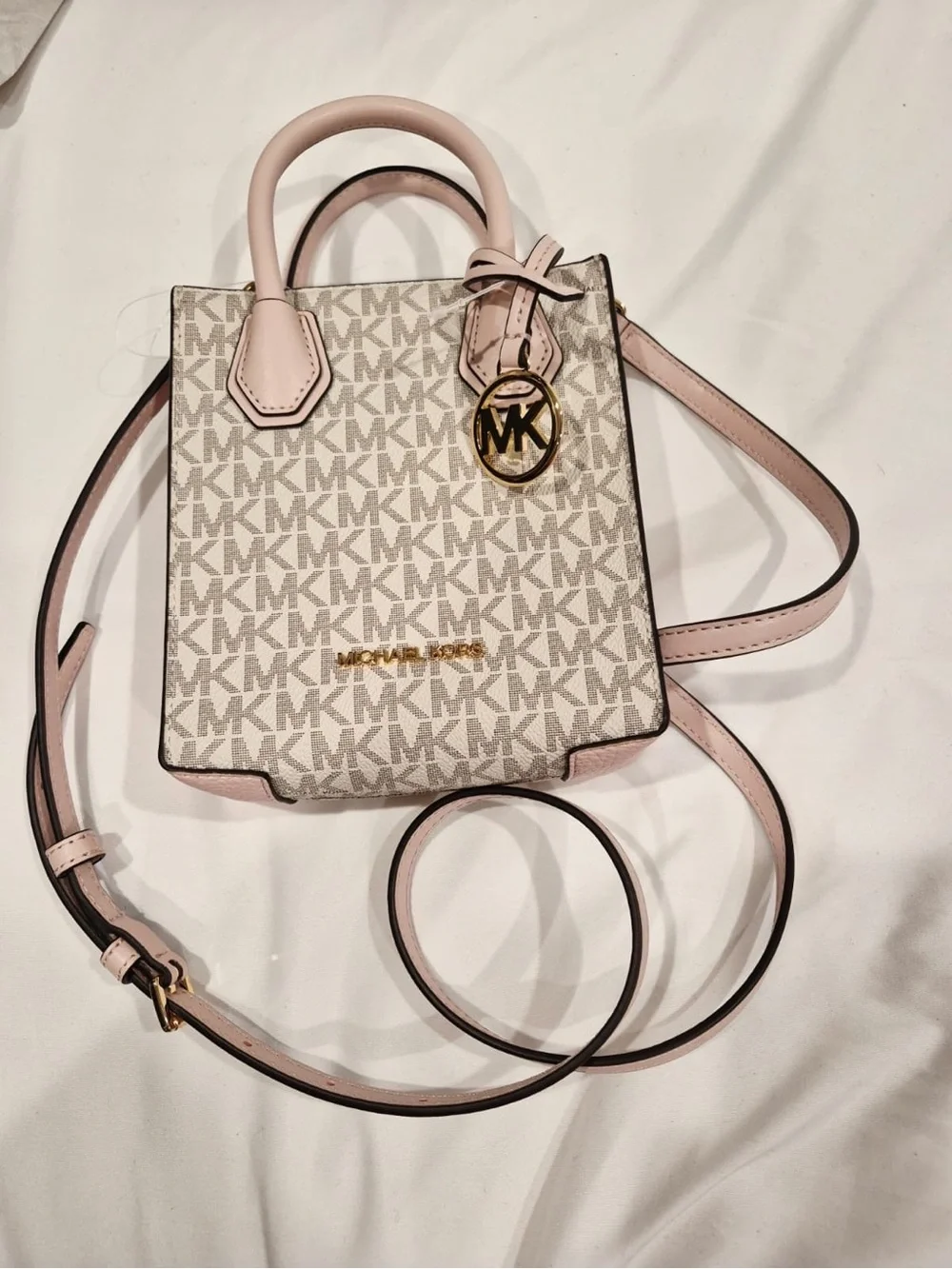 Michael Kors small  Beige Signature Canvas Tote with Light Pink Trim